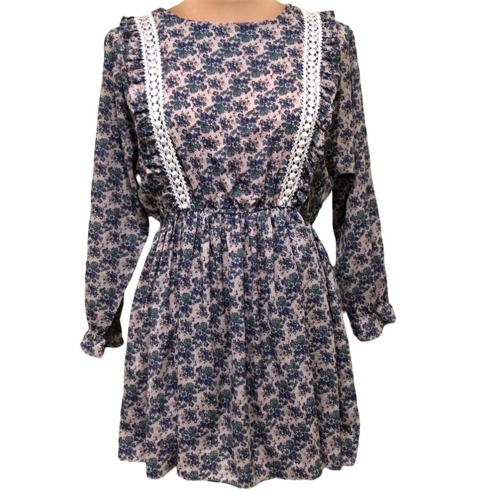 Vintage Ruffle Lace Cottagecore Dress Size Medium Dusty Pink Blue Floral